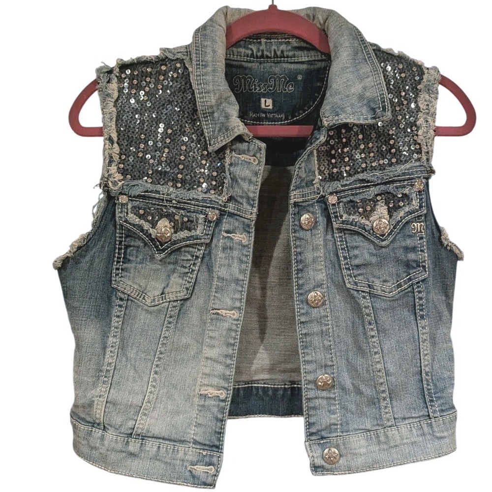 Miss Me Light Blue Denim Vest with Black/Silver Sequin Shoulders